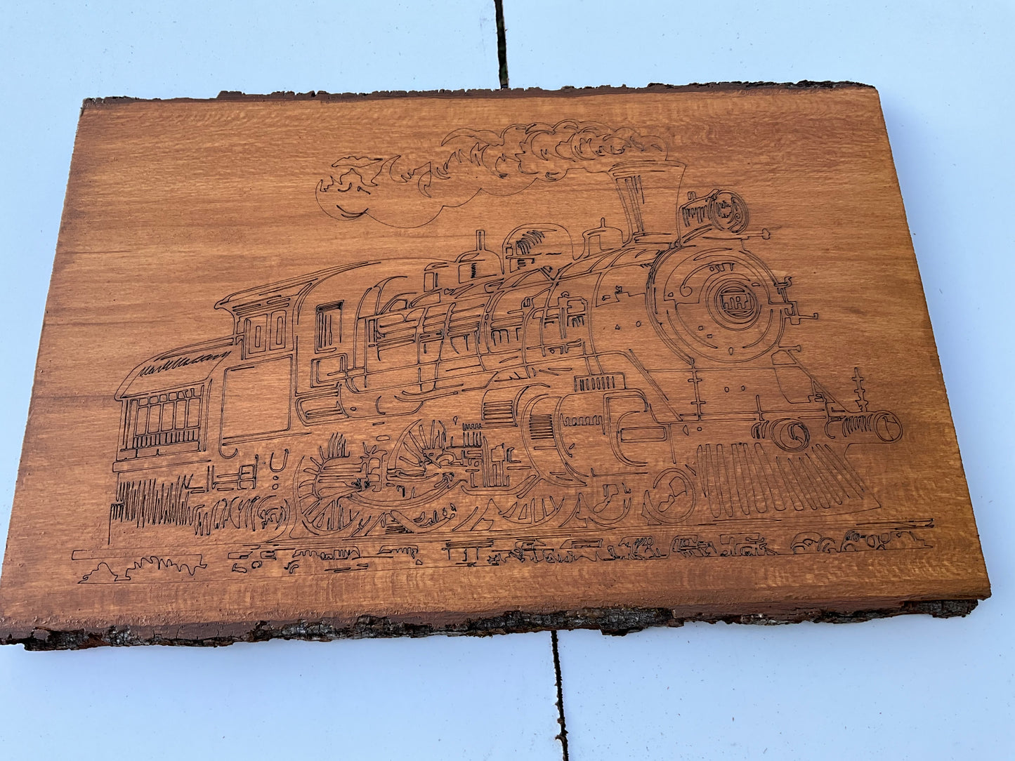 Laser cut Steam engine Train  Stained and sealed. Wood live edge