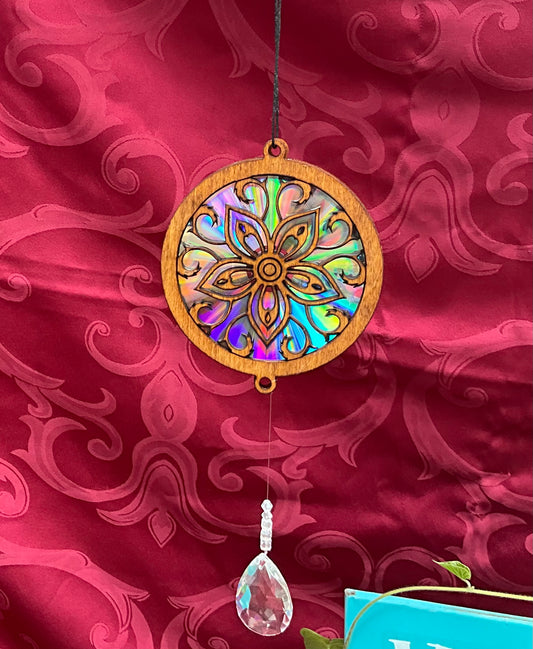 Lasered  2 layer wood Suncatcher dvd with diamondlike bangle flowers