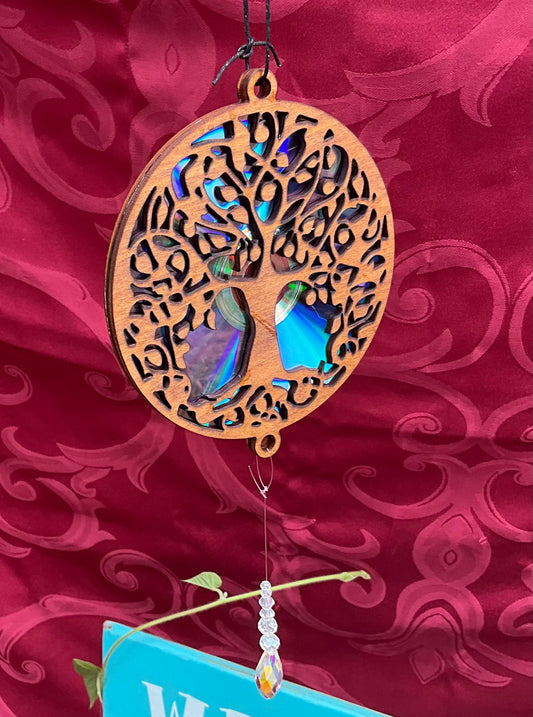 Lasered 2 layer wood Suncatcher dvd with diamondlike bangle Tree of Life