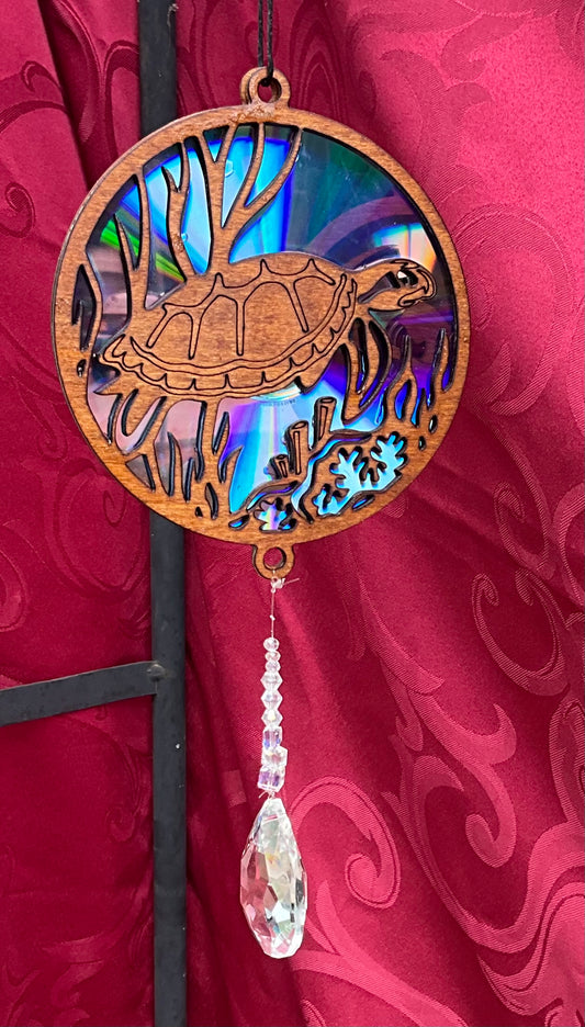 Lasered 2 layer wood Suncatcher dvd with diamondlike bangle Turtle